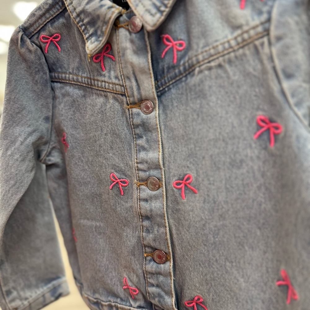 7 For All Mankind Light Blue Jean Jacket with Pink Bow Details
